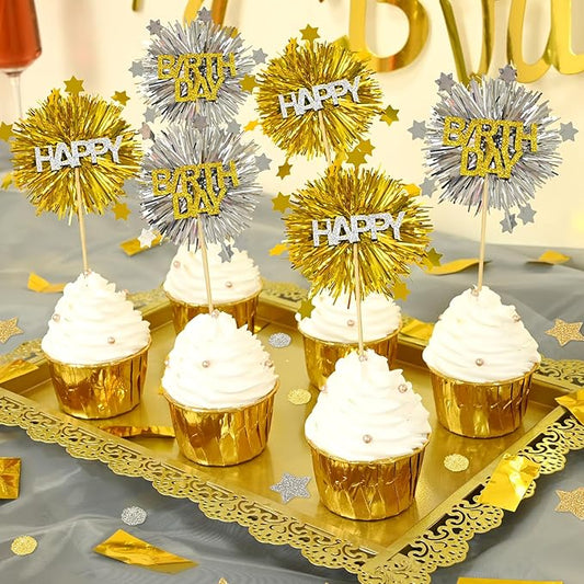 LOLStar 12 PCS Happy Birthday Cake Toppers, Gold and Silver Foil Cupcake Toppers, Glitter Tinsel Cupcake Decor, Food Picks Drink Stirrers Cocktail Toothpicks for Celebrating Party Supplies