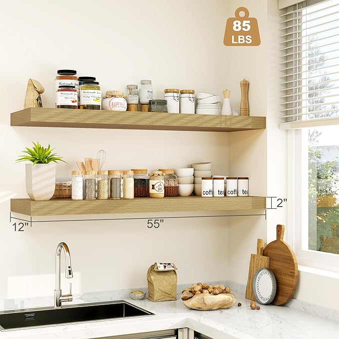 12" Deep Bathroom Floating Shelves for Wall Shelf Over Toilet Wall Mounted Farmhouse Long 55 inches Set of 1, Farmhouse Shelves with Invisible Brackets for Living Room, Kitchen, Bedroom,Oak