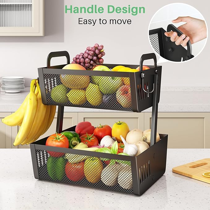 Fruit Basket Bowls For Kitchen Counter with Banana Hangers - Detachable Metal Fruit Stand with Handle - Kitchen Vegetables Bread Snacks Storage Organization, 2 Tier Black