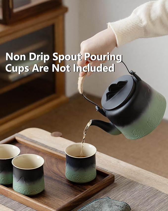 ZENS Vintage Japanese Teapot, 33.8 oz Embossed Ceramic Loose Leaf Teapot with Built-in Strainer for Hot Tea Steeper, Hemp Rope Handle Japanese Tea Brewer Pot for Tea Lovers Gifts