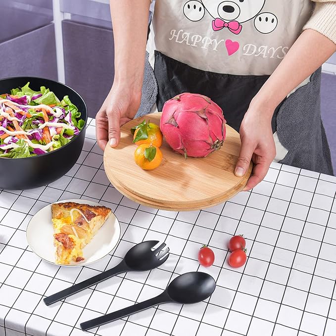 Bamboo Fiber Salad Bowl with Servers Set Large 9.8inches Nature Bamboo Mixing Bowl with Servers with Lid Spoon and Fork for Fruits,Salads and Vegetables