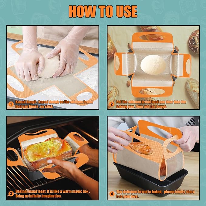 Reusable Silicone Bread Loaf Pan Liner, Food-Grade Silicone Bread Sling, Sourdough Bread Baking Mat, Non-Stick & Easy Clean Dough Transfer Tool, Fits 9x5 or 1.5lb Loaf Pans, Orange - Pack of 2