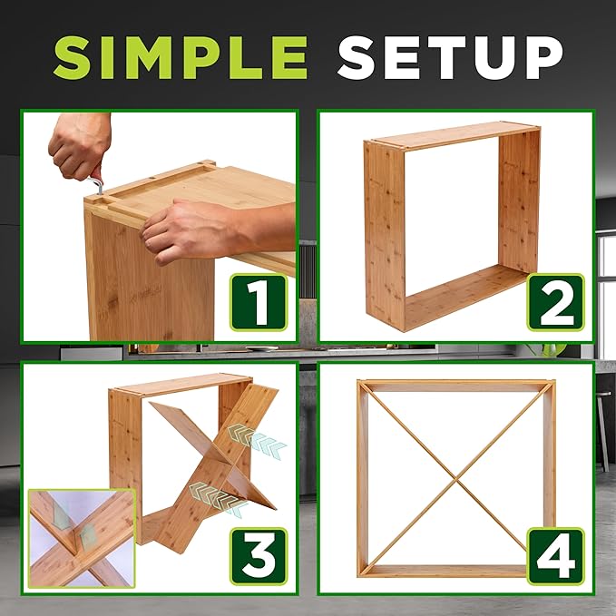 24 Bottle Bamboo Stackable Wine Rack - X Frame Cube Wobble-Free Modular Liquor Display Shelves | Can Hold up to 220.5 lbs (Natural)