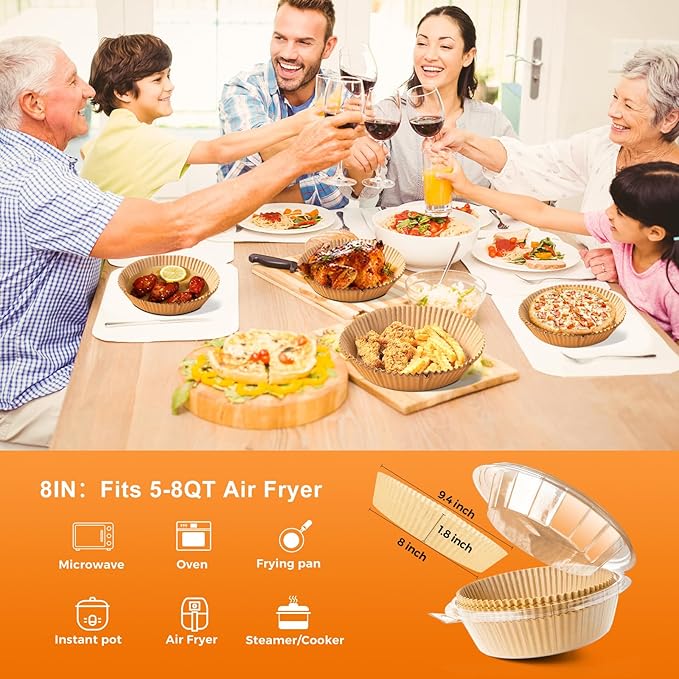 Vailnd Air Fryer Liners Disposable for Ninja, 150 Pcs 8" Round Airfryer Paper Liner Heavy-Duty, Non-Stick and Grease-Proof Parchment Paper Sheets for 5-8 qt Basket Air Fryers Oven Steamer