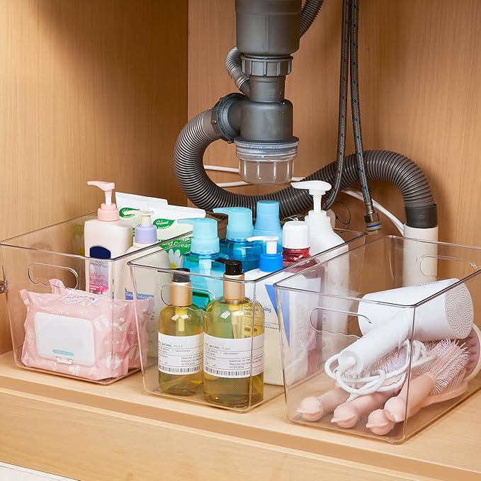 YIHONG Clear Plastic Storage Bins, 4 Pack Pantry Organizer Bins with Handle for Kitchen, Freezer,Cabinet,Closet Organization and Storage(XL)