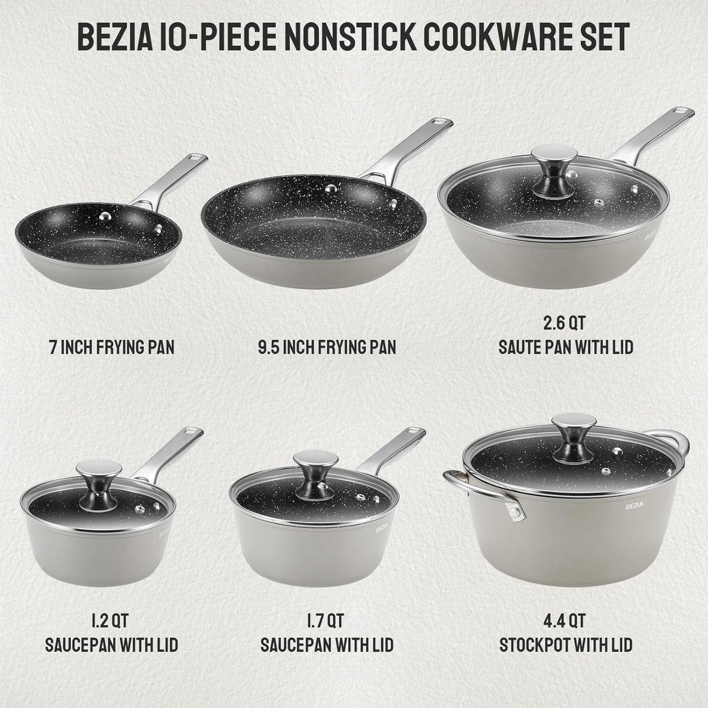 Induction Cookware Nonstick, BEZIA Pots and Pans Set for Induction Cooktop, Compatible with All Stoves, Dishwasher Safe Kitchen Cooking Pan Set with Frying Pans, Saucepans & Stockpot, 10-Piece (Grey)