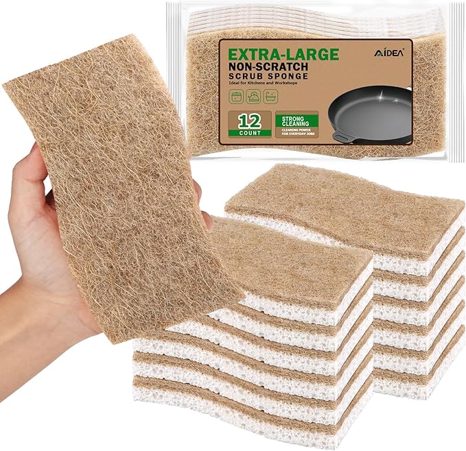 AIDEA XL Scrub Sponges Non-Scratch, 12Count, Large Natural Sponge for Non Stick Cookware, Sponges Kitchen, Cellulose Cleaning Sponge for Dishes, Kitchen, Bathroom, Household