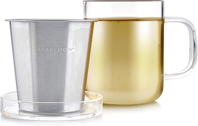 Teabloom Premium Borosilicate Glass Mug with Stainless Steel Loose Leaf Tea Infuser and Lid/Dish - 8 Ounces (240 mL)