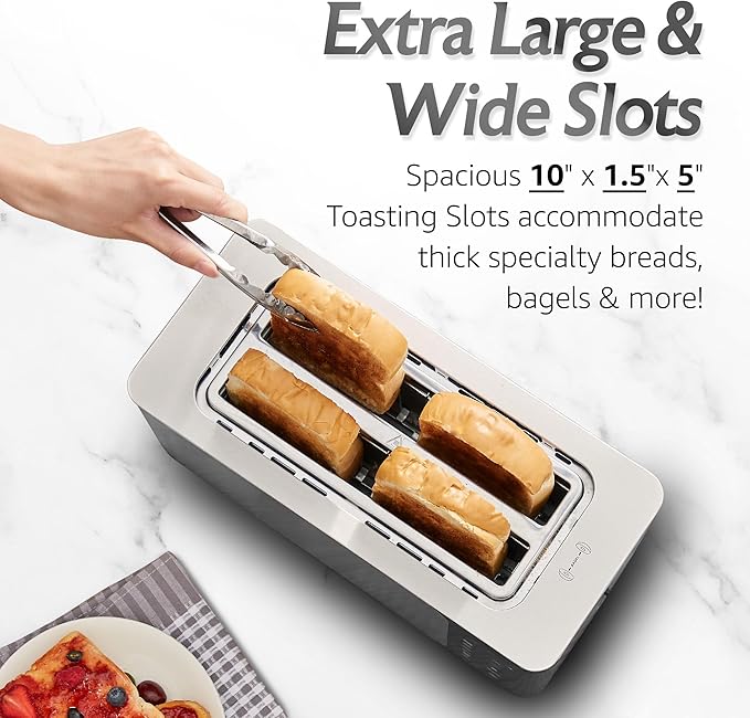 Elite Gourmet ECT5924D SmartToast Digital Long Slot 4 Slice Toaster, 1.5” Wide Slots for Thick Breads & Bagel Function, LED Touch Screen, Countdown Timer, 6 Shades, Stainless Steel