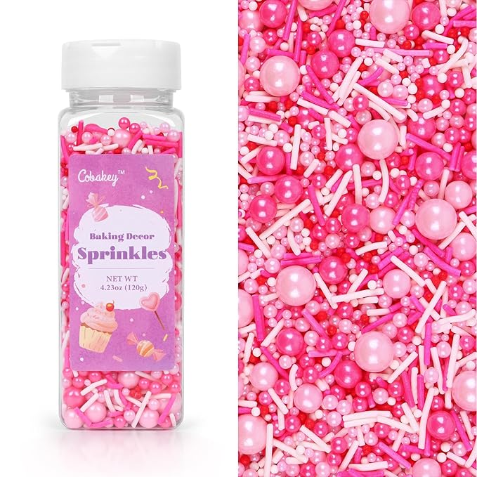 Pink Sprinkles for Cake Decorating 4.23ounce - Pearl Sprinkles for Baking, Cupcake, Ice Cream, Candy, Cookie Decorations - Pink Sprinkles for Valentines Princess Bridal Shower Wedding Party