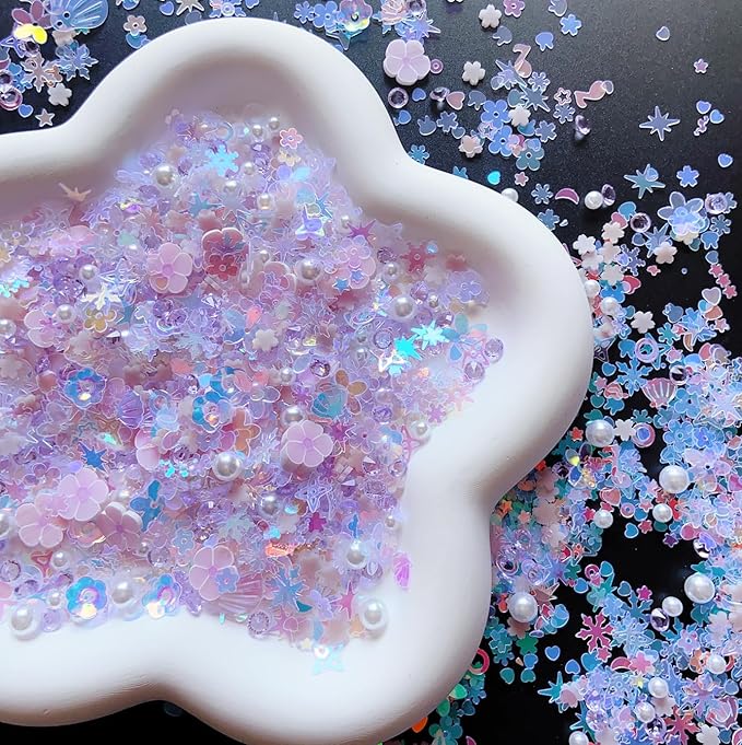 Sequins Holographic Polymer Clay Slices Nail Glitter 3D Holographic Snowflake Shell Butterfly Plum Blossom Nail Sequins Slices Polymer Clay Nail Decals for DIY Nail Decoration (Purple-52)