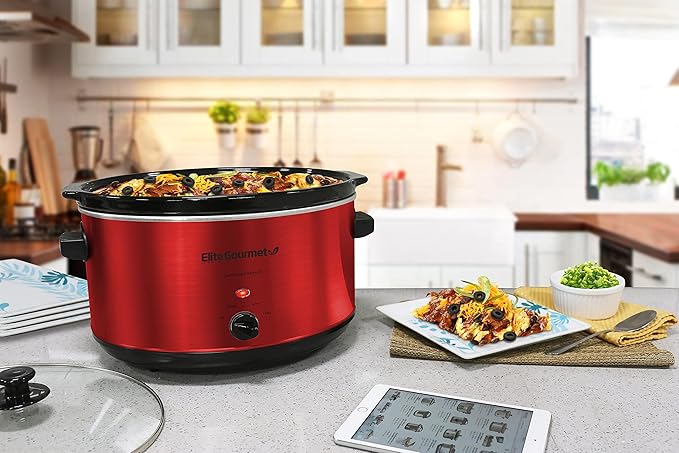 Elite Gourmet MST-900RXT# Electric Ceramic XL Jumbo Slow Cooker, Adjustable Temp, Entrees, Sauces, Stews & Dips, Dishwasher Safe Glass Lid & Crock, 8.5Qt, Stainless Steel