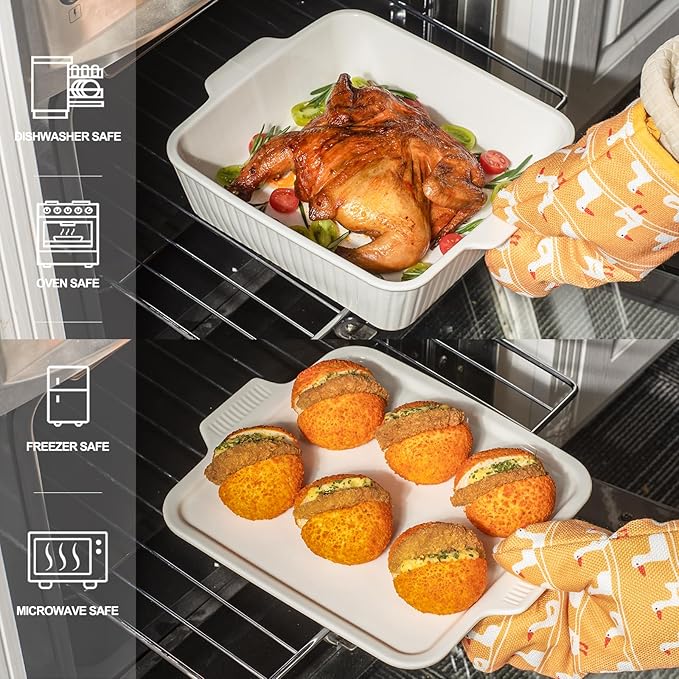 Dizada Casserole Dish for Oven with Lid, 10'' Square Baking Dish, Ceramic Baking Dish, Baking Pan with Handles, Lasagna Pan Bakeware Oven Safe Baking Dish for Oven, Cake, Kitchen, Microwave, Dishwasher Safe, White