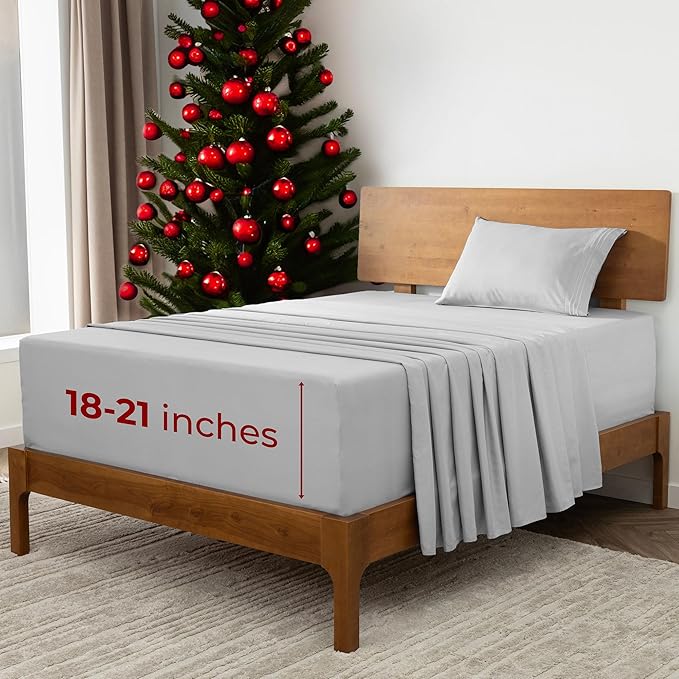 Mellanni Extra Deep Twin Sheets - 3 PC Iconic Collection Bedding - Hotel Luxury, Ultra Soft, Cooling Bed Sheets - Wrinkle, Fade, Stain Resistant (Twin, Light Gray)