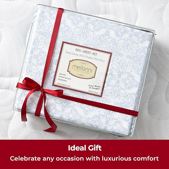 Mellanni California King Sheets Set - 4 PC Iconic Collection Bedding - Hotel Luxury, Extra Soft, Cooling Bed Sheets - Wrinkle, Fade, Stain Resistant (Cal King, Laced Sky Blue)