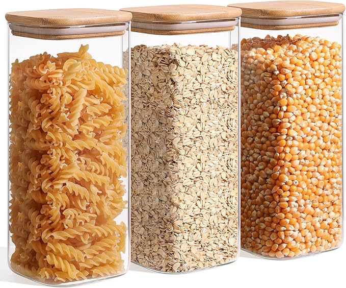 ComSaf 1.9 Qt Glass Storage Containers with Lids, Glass Jars with Lids, Clear Food Storage Jar, Square Canister Set of 3, Pantry Organizers and Storage for Flour Rice Pasta Tea Coffee Bean