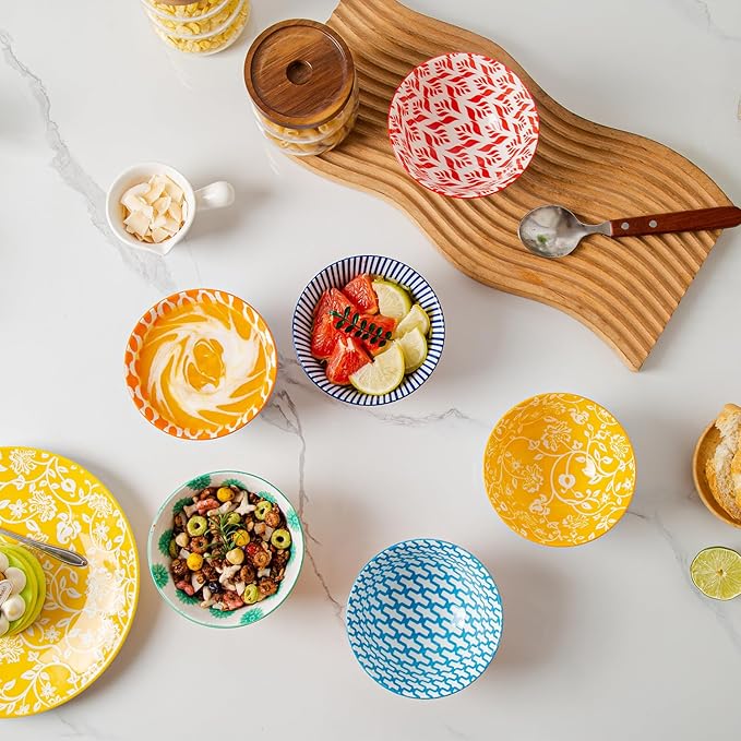 Ceramic Dessert Bowls Set - 12 Oz Small Cereal Bowls 4.75 Inch Ice Cream Bowl for Fruit, Snack, Side Dishes, Dipping Sauce - Microwave Dishwasher Safe - Set of 6 - Assorted Colors