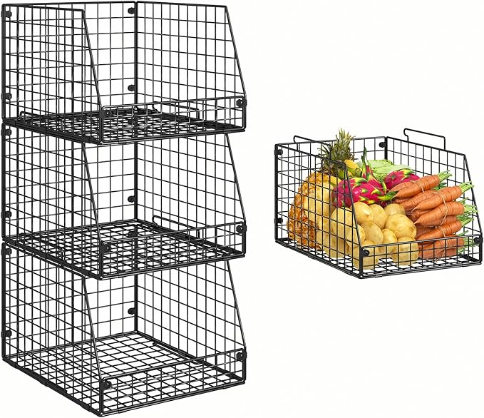 3 Pack XXL Stackable Wire Baskets, Large Storage Bins for Onion, Potato, Vegetable, Fruit, Snack, Pantry Baskets for Kitchen Cabinet Countertop, Pantry Organizers and Storage Solutions
