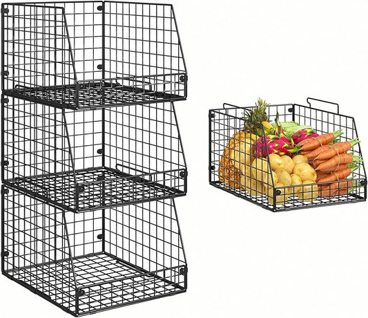 3 Pack XXL Stackable Wire Baskets, Large Storage Bins for Onion, Potato, Vegetable, Fruit, Snack, Pantry Baskets for Kitchen Cabinet Countertop, Pantry Organizers and Storage Solutions
