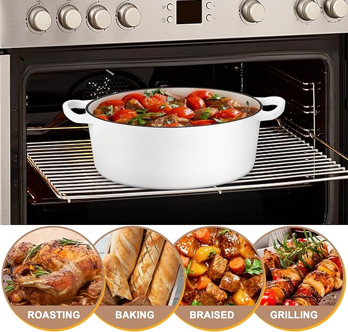 E-far 5QT Oval Dutch Oven Pot with Lid, Enameled Cast Iron Dutch Oven with Dual Handles for Sourdough Bread Baking Cooking, Nonstick Enamel Coated Cookware(White), Non-Toxic & Easy Clean