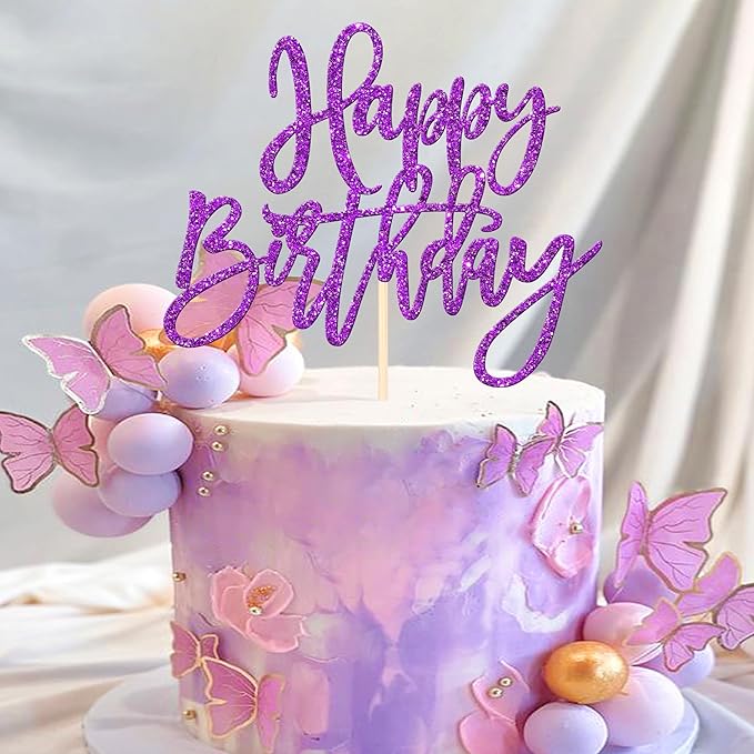 ZHUOWEISM 1 PCS Happy Birthday Cake Topper Glitter Happy Birthday Cake Pick for Celebrating Happy Birthday Anniversary Theme Party Cake Decorations Supplies Purple