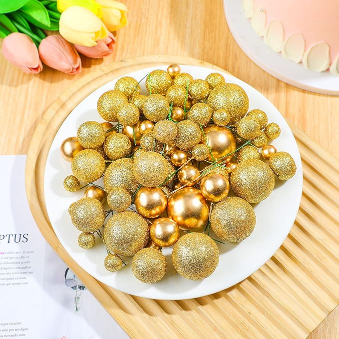 108 Pcs Balls Cake Topper DIY Cupcake Insert Foam Balloons for Cake Baking Wedding Anniversary Birthday Decoration(Glitter Gold, Gold,Multi Sizes)