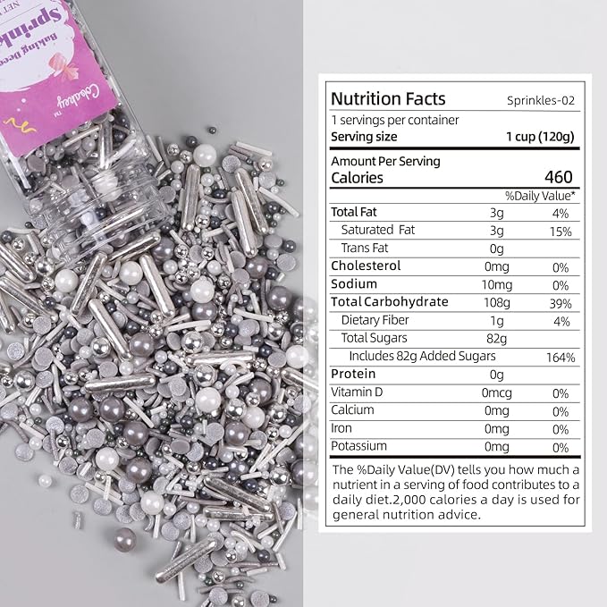 Gray & Sliver Sprinkles for Cake Decorating 4.23ounce - Sugar Mix Contains Metallic & Pearl Sprinkles for Cupcake Toppers, Ice Cream, Candy, Cookie Decorations - Holiday Party Supplies