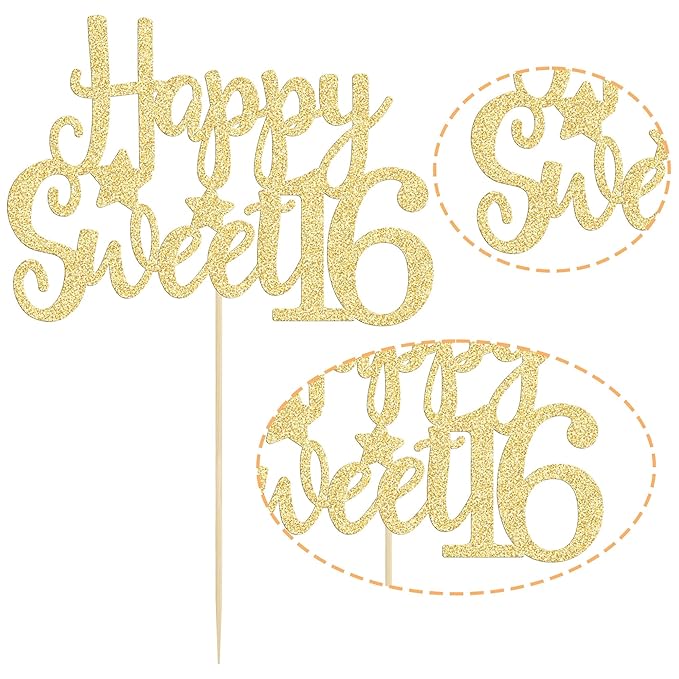 Gyufise 1Pc Happy Sweet 16 Cake Topper Gold Glitter 16th Birthday Cake Topper Sweet 16 Decorations 16th Birthday Decorations