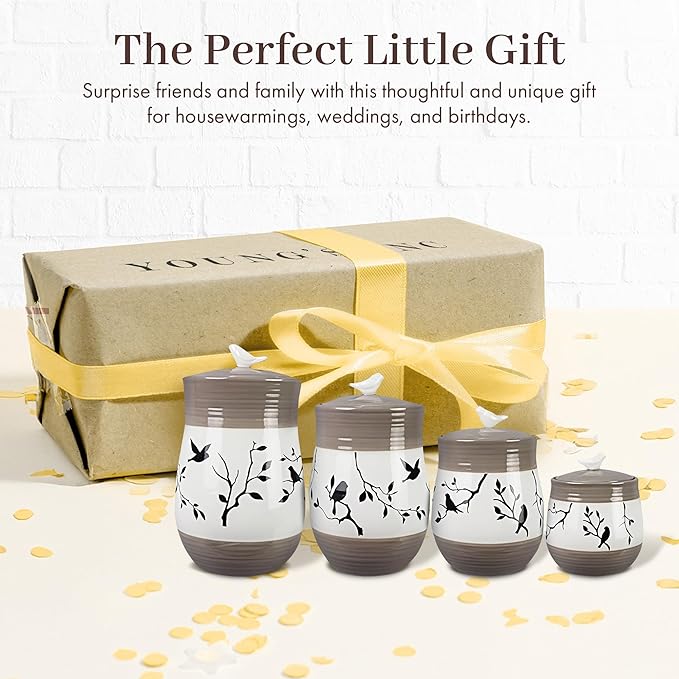 Youngs 21207 Ceramic Canister with Wood Lid and Silicon Seal, Crystal Knob and Blessing Bead Tassel Accent, 4-piece Set