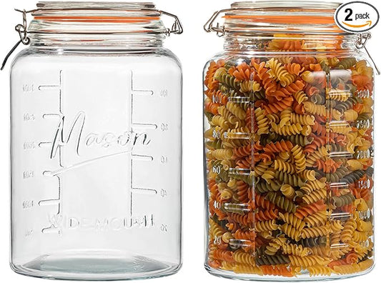kitchentoolz 1 Gallon Glass Mason Storage Jars with Airtight Lids & Measurment Marks, Super Wide Mouth Canning Jars with Large Capacity for Pickles, Water Glassing & Overnight Oats - 2 Pack