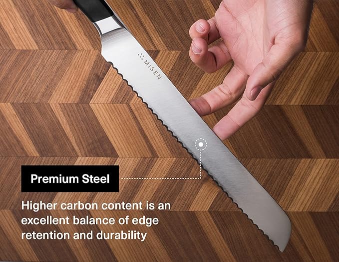 Misen Serrated Bread Knife – High-Carbon Japanese AUS8 Steel – Effortless Slicing of Bread, Pastries, and Fruits – Razor-Sharp Edge and Durable Blade with Ergonomic Handle - 10", Black
