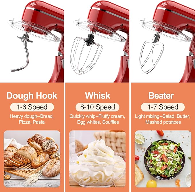 3-IN-1 Electric Stand Mixer, 6.5QT Bowl 660W 10-Speed Kitchen Mixer, Household Food Mixers include Dough Hook, Beater and Whisk, Bread Cake Mixer for Baking and Most Home Cooks, Red