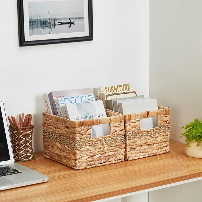 Hand-woven Water Hyacinth Baskets, Pantry Organizers and Storage with Handles, Decorative Wicker Baskets for Organizing Shelves, Laundry (10x8.5x7in 2-Pack, Natural Hyacinth)