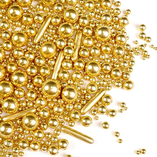Gold Pearl Rods Sprinkles for Cake Decorating, Edible Sugar Pearls Rods Candy, 150g/5.29oz, Mix Size Cake Topper Donuts Cupcake Cookie Dessert Decorations, Holiday, Wedding Party, Easter Supplies