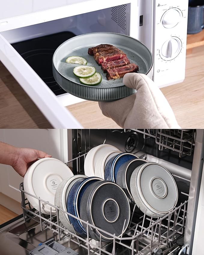 famiware Star 8.25" Pasta Bowls, Large Dinner Bowls Set of 4, Salad Bowl Plates, Shallow Bowls for Eating, Smoky Blue