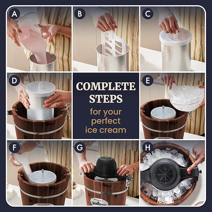 Elite Gourmet EIM418 Old Fashioned 4 Quart Vintage Walnut Wood Bucket, Electric Ice Cream Maker Machine, Uses Ice and Rock Salt Churns Ice Cream in Minutes