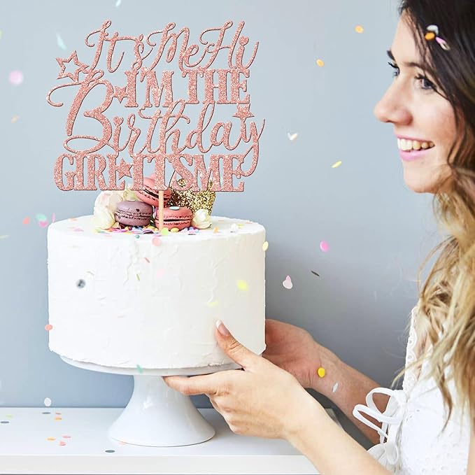 1 PCS It's Me Hi I'm the Birthday Girl It's Me Cake Topper Glitter Music Singer Cake Pick for Funny Hip Hop Singer Girls Birthday Party Cake Decorations Supplies Rose Gold