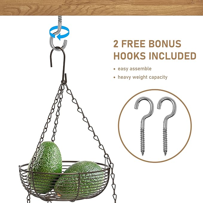 CAXXA 3-Tier Hanging Basket Fruit Organizer Kitchen Heavy Duty Wire Organizer with 2 Free Bonus Metal Ceiling Hooks(Bronze)