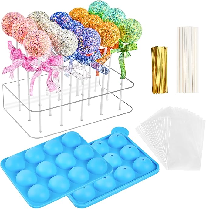 Kucoele Cake Pop Mold Set, Including 15 Hole Clear Acrylic Lollipop Display Stand Holder, 12 Cavity Blue Silicone Cake Pop Mold, Cake Pop Sticks Treats Bags and Twist Ties