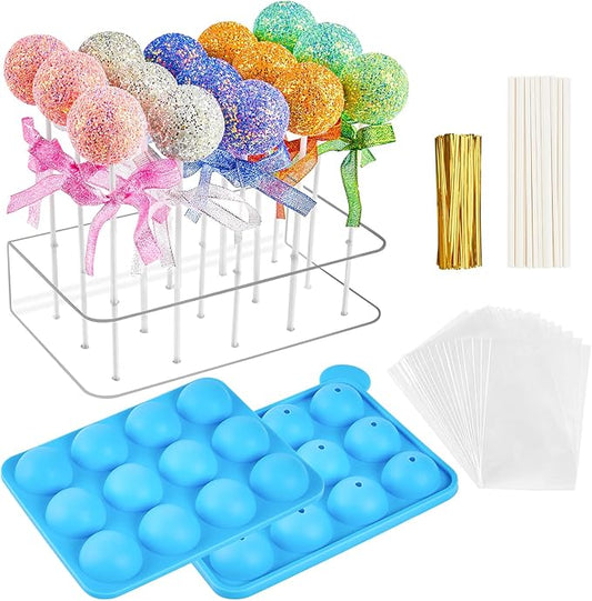 Kucoele Cake Pop Mold Set, Including 15 Hole Clear Acrylic Lollipop Display Stand Holder, 12 Cavity Blue Silicone Cake Pop Mold, Cake Pop Sticks Treats Bags and Twist Ties