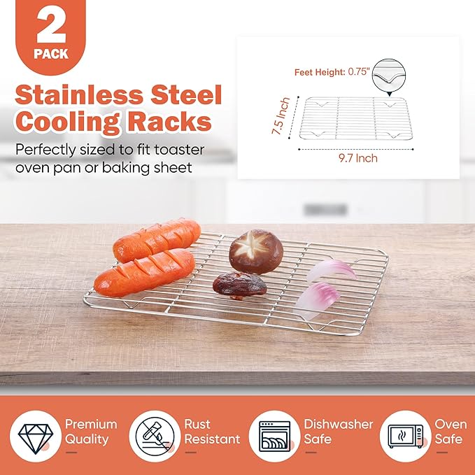 2 Pack Small Baking Cooling Racks, Homikit 9.7 * 7.5 Inch Stainless Steel Wire Rack for Cooking Roasting Grilling, Fit for Toaster Oven Pan, Non-toxic & Heavy-Duty