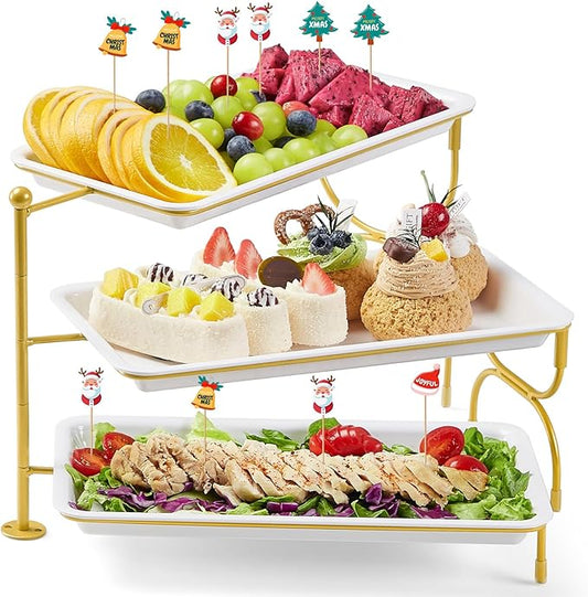 Lifewit 3 Tiered Tray Stand for Party Entertaining, 12"×6.5" Serving Platters and Trays, Reusable Plastic Trays with Stable Gold Mental Stand for Veggie, Fruit, Cookies, Dessert