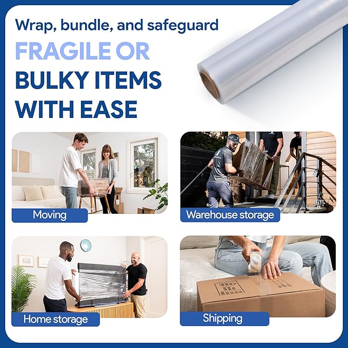 International Plastics Co. 17" Plastic Stretch Film Wrap 2 Pack 1200ft 500% Stretch Clear Cling Durable Adhering Packing Moving Packaging Heavy Duty Shrink