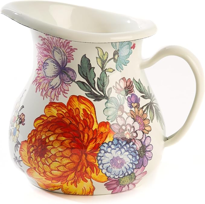 MACKENZIE-CHILDS Enamel Creamer, Creamer Dispenser with Pour Spout, Kitchen Enamelware, 14-Ounce Capacity, White Flower Market