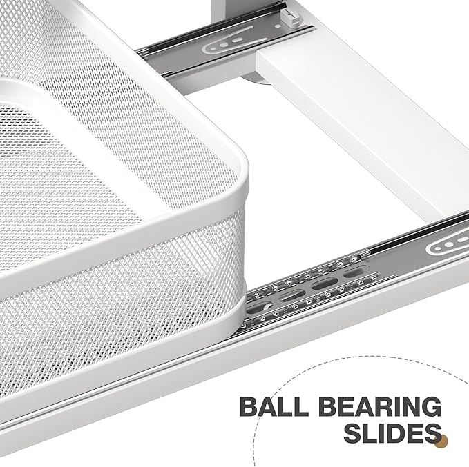 2 Pack 18.5IN-Depth Under Sink Organizer With Next-Gen Ball-Bearing Slides,2-Tier Precision Mesh Pull Out Cabinet Storage for Bathroom&Kitchen,Height Adjustable Drawers Shelf,Anti-rust-White