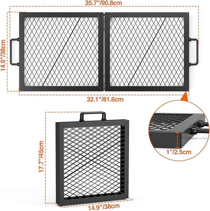 Onlyfire Foldable X-Marks Fire Pit Cooking Grate, Portable Rectangle Campfire Grill Grate with Handles, Heavy Duty Steel Campfire BBQ Grill for Outdoor, 32 inch