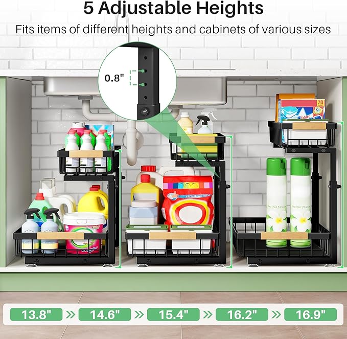 Under Sink Organizer, 2 Packs 2 Tier Under Sink Organizers and Storage, Slide Out Pull Out Cabinet Organizer Shelf, Metal Sliding Drawer for Kitchen Bathroom Pantry Cabinet Closet Organization Rack