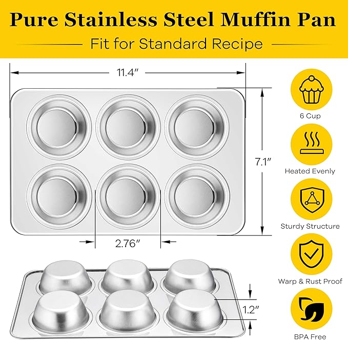 Homikit 2 Pack Muffin Pan, Stainless Steel Cupcake Baking Tin with 6 Cups Regular Size, 11.4 x 7 Inches Metal Egg Bites Tray for Toaster Oven, Rust Free & Non Toxic, Easy Release & Dishwasher Safe