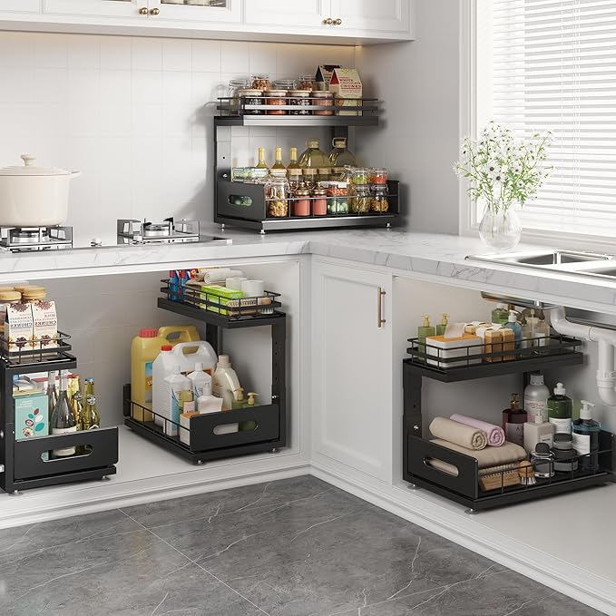 1 Pack Under Sink Organizer Upgrade To Professional Rails,2-Tier Dual Pull Out Cabinet Storage,Height Adjustable Slide Out Drawers For Bathroom Kitchen,Under Sink Shelf-Black