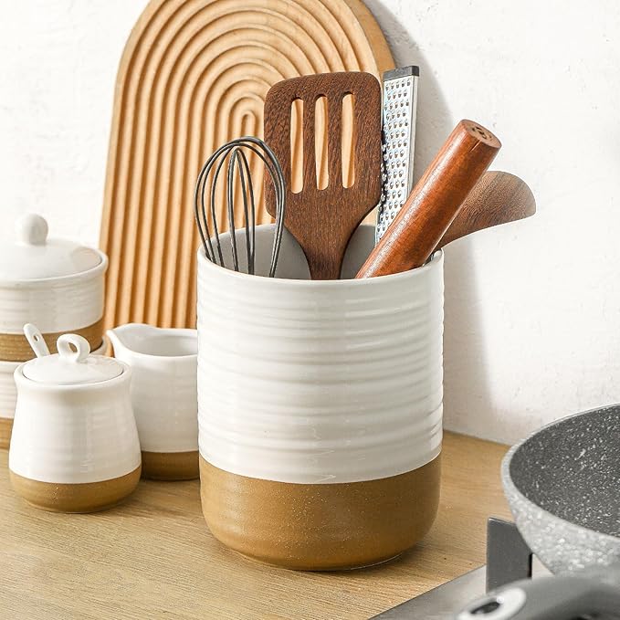 Hasense Utensil Holder, 7.4" x 6.2" Ceramic Utensil Holder for Kitchen Counter, Large Utensil Oganizer for Utensil Set, Farmhouse White Cooking Utensil Crock for Kitchen Decor
